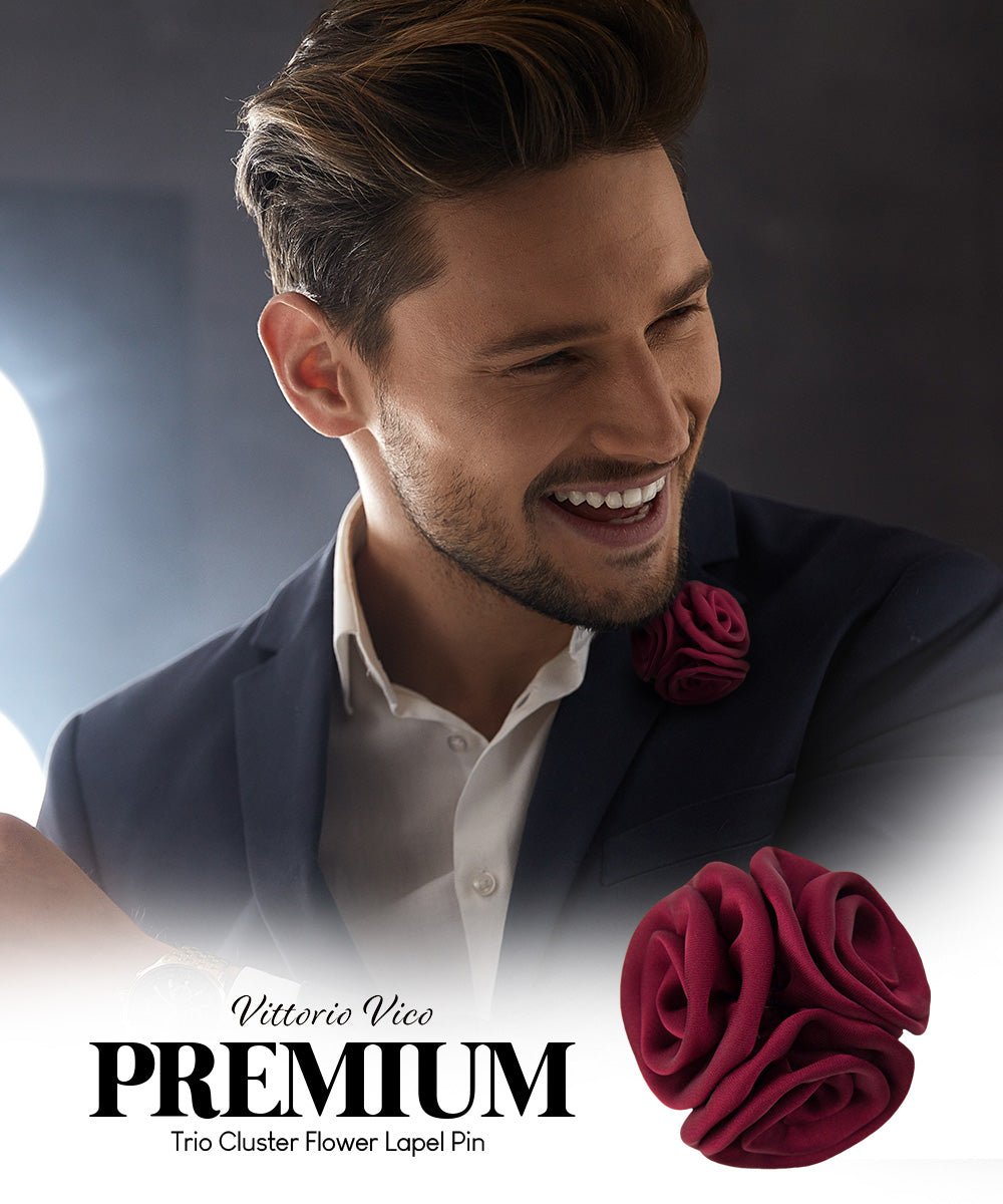 Vittorio Vico Unisex Trio Cluster Satin Flower Lapel Pin - Suits You Sir - Burgundy - 