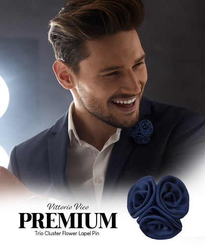 Vittorio Vico Unisex Trio Cluster Satin Flower Lapel Pin - Suits You Sir - Navy Blue - 