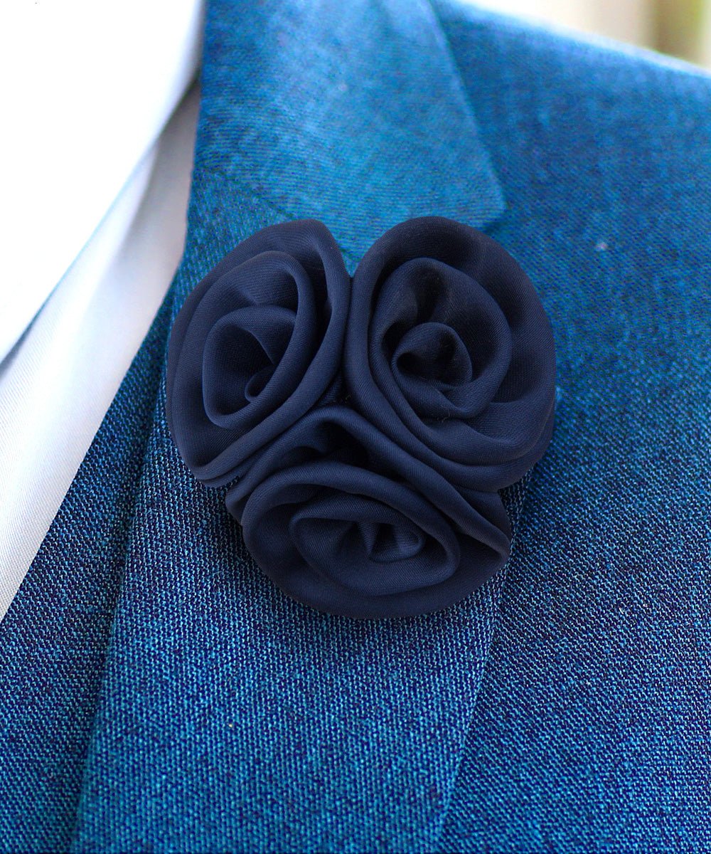 Vittorio Vico Unisex Trio Cluster Satin Flower Lapel Pin - Suits You Sir - Navy Blue - 