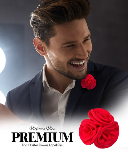 Vittorio Vico Unisex Trio Cluster Satin Flower Lapel Pin - Suits You Sir - Red - 