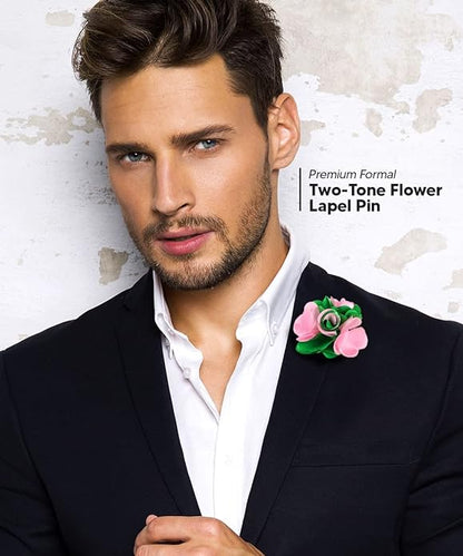 Vittorio Vico Unisex Two Tone Satin Flower Lapel Pin - Suits You Sir - Pink and Kelly Green - 