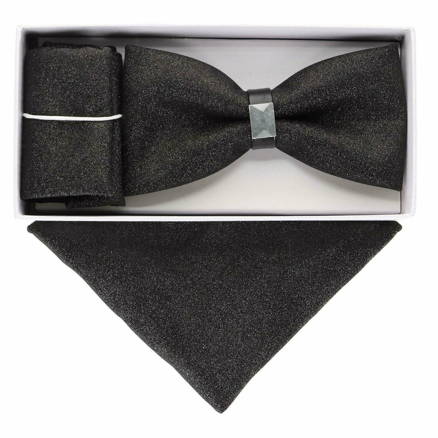 Vittotio Farina Men's Rhinestone Bow Tie and Pocket Square in Gift Box - Suits You Sir - Silver - 
