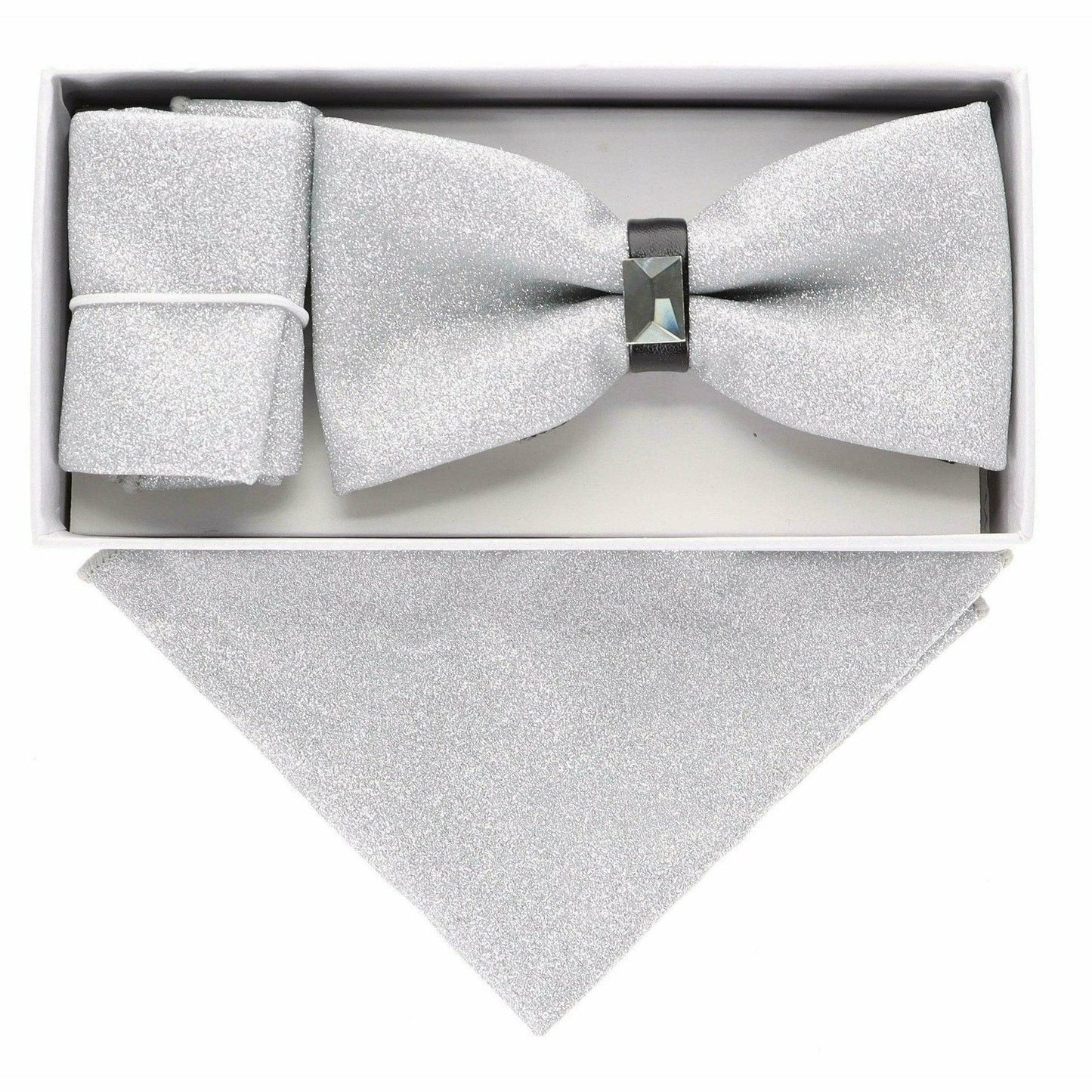 Vittotio Farina Men's Rhinestone Bow Tie and Pocket Square in Gift Box - Suits You Sir - Silver - 