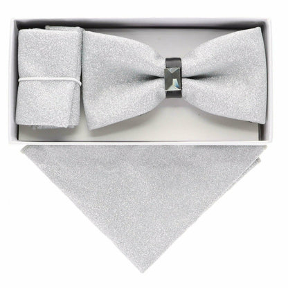 Vittotio Farina Men's Rhinestone Bow Tie and Pocket Square in Gift Box - Suits You Sir - Silver - 