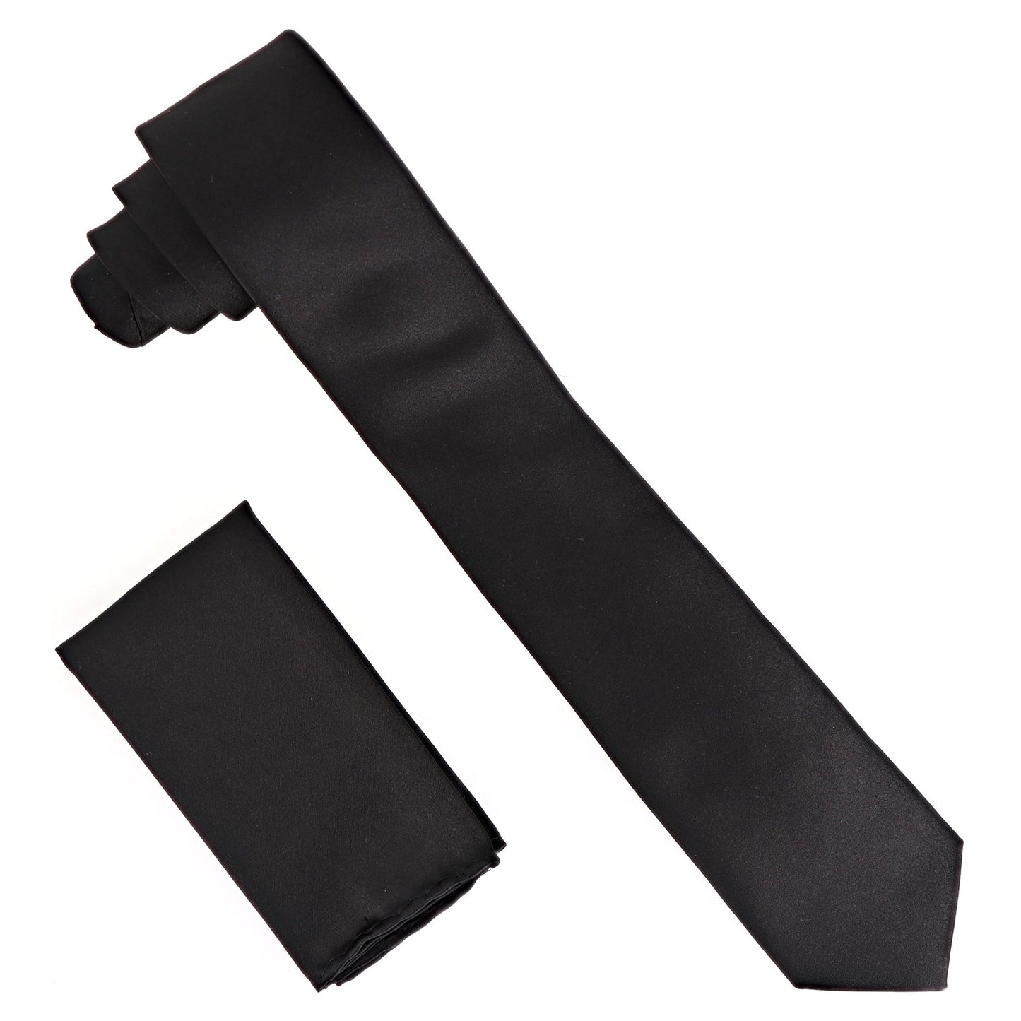 Vittorio Farina Solid Satin Skinny Necktie & Pocket Square by Classy Cufflinks - NH_SKINNY_BLACK - Classy Cufflinks
